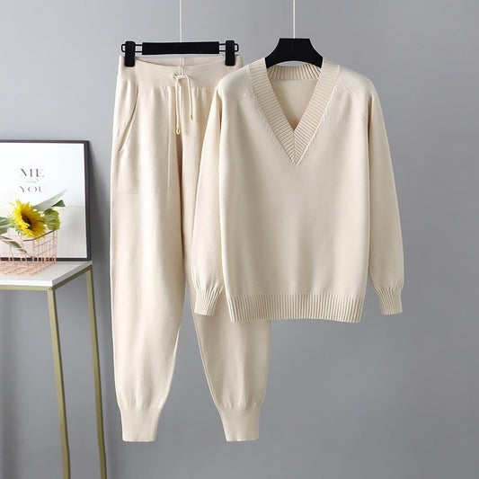 Sophisticated Comfort: V-neck Sweater & Pants
