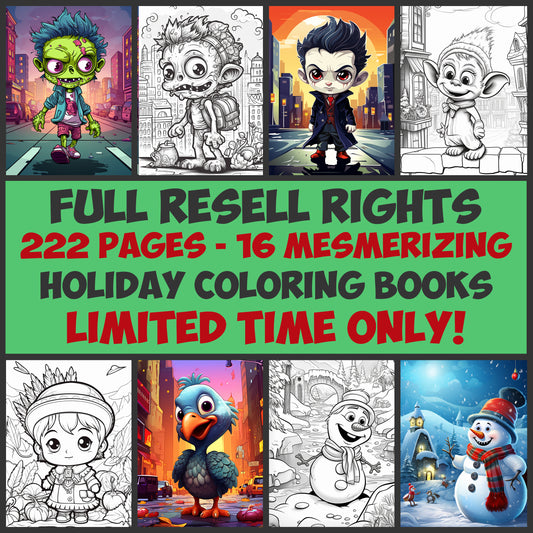 MRR 16 Mesmerizing Coloring Books, 222 Coloring Holiday Pages Full Master Resell Rights - Limited Time!