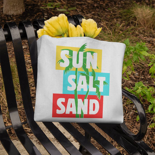 Vibrant Sun Salt Sand Tote Bag featuring bright colors, ideal for summer beach trips and everyday use.