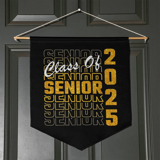 Glitter gold wall pennant with "Class of 2025 Senior" text, perfect for graduation decor and senior year celebrations.