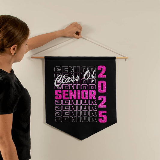 Glitter pink wall pennant with "Class of 2025 Senior" text, perfect for graduation decor and senior year celebrations.
