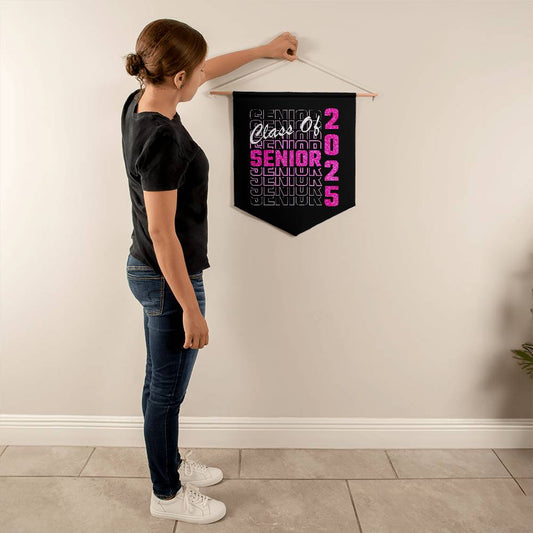 Glitter pink wall pennant with "Class of 2025 Senior" text, perfect for graduation decor and senior year celebrations.