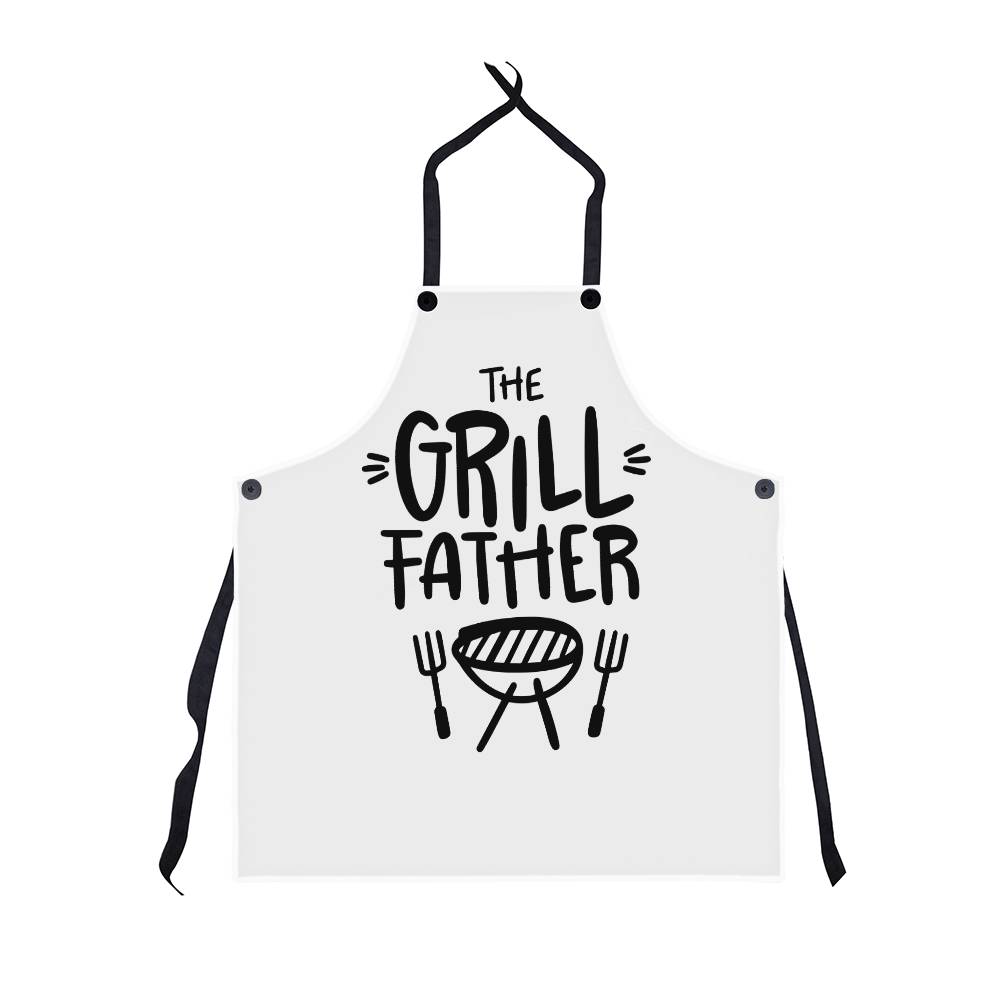 Premium 'The Grill Father' apron featuring BBQ grill utensils and bold text, perfect for dad's gift.