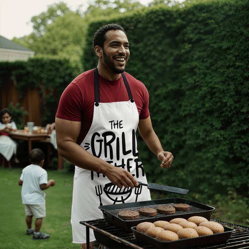 Premium 'The Grill Father' apron featuring BBQ grill utensils and bold text, perfect for dad's gift.