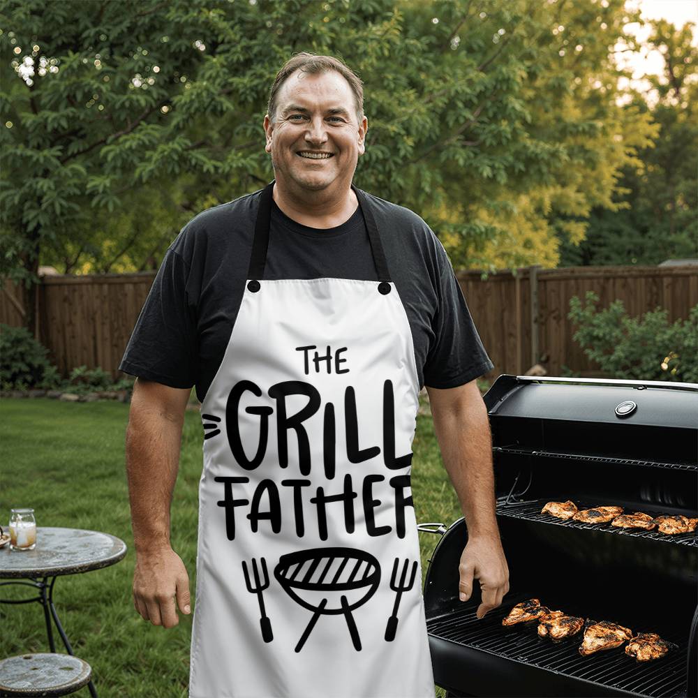 Premium 'The Grill Father' apron featuring BBQ grill utensils and bold text, perfect for dad's gift.