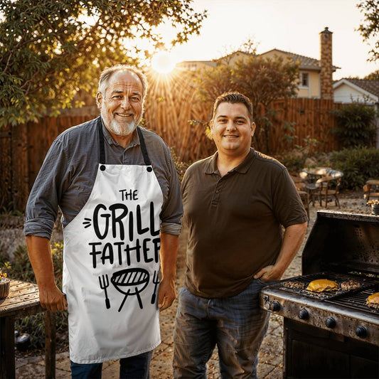 Premium 'The Grill Father' apron featuring BBQ grill utensils and bold text, perfect for dad's gift.