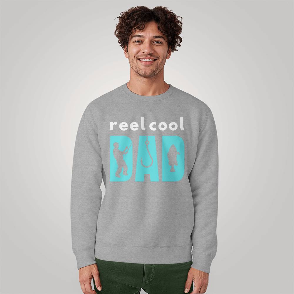 Cozy 'Reelcool Dad' sweatshirt featuring fishing-themed design, perfect for Father's Day gift.