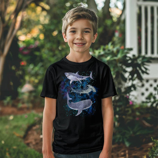 Kids' Shark Week T-Shirt featuring great white shark, hammerhead shark, and whale shark swimming in a vibrant ocean scene, perfect for young shark enthusiasts and marine life lovers, ideal for summer adventures, Shark Week celebrations, and beach outings.