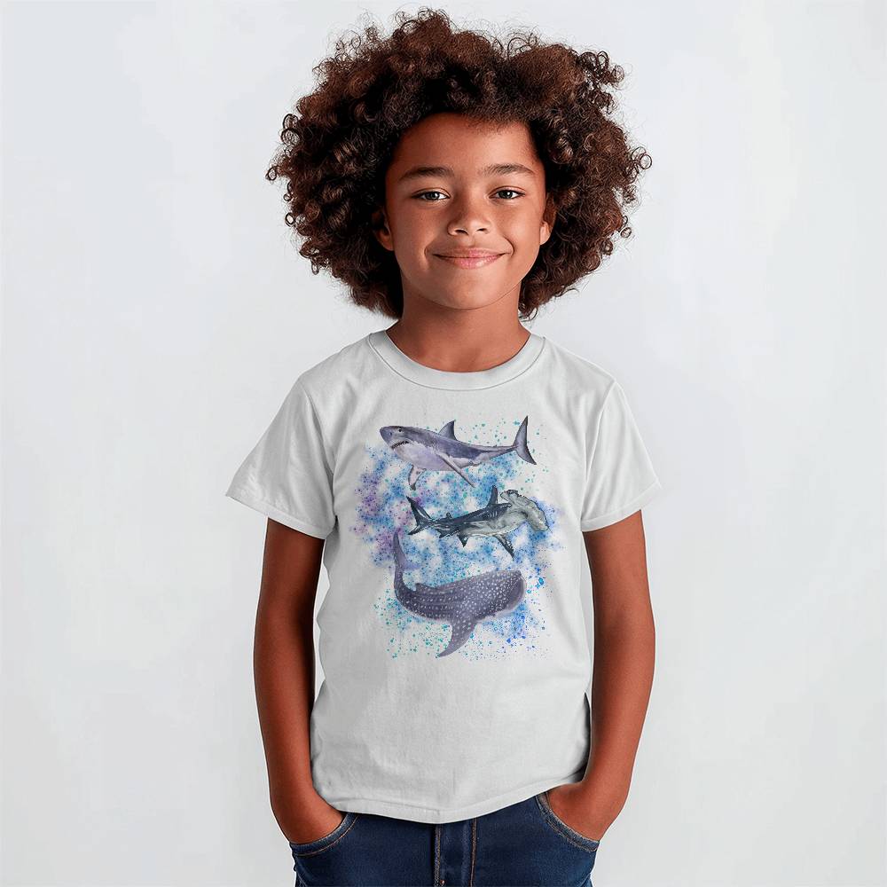 Kids' Shark Week T-Shirt featuring great white shark, hammerhead shark, and whale shark swimming in a vibrant ocean scene, perfect for young shark enthusiasts and marine life lovers, ideal for summer adventures, Shark Week celebrations, and beach outings.