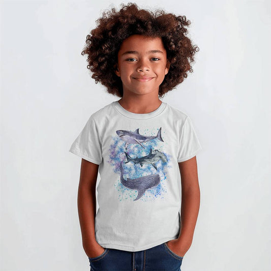 Kids' Shark Week T-Shirt featuring great white shark, hammerhead shark, and whale shark swimming in a vibrant ocean scene, perfect for young shark enthusiasts and marine life lovers, ideal for summer adventures, Shark Week celebrations, and beach outings.