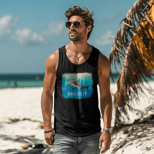 Nailed It' Hammerhead Shark tank top featuring a striking hammerhead shark swimming in the ocean, perfect for Shark Week, beach holidays, summer outings, and marine life enthusiasts.