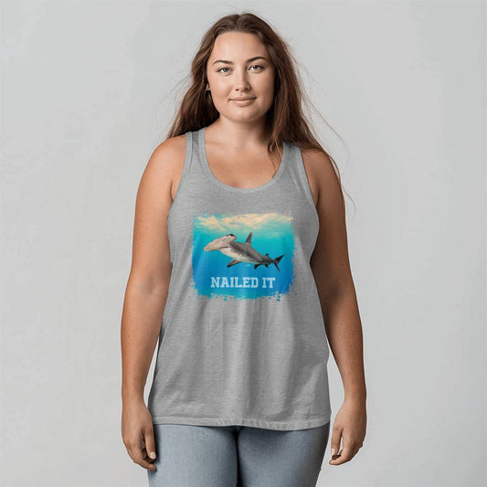 Nailed It' Hammerhead Shark tank top featuring a striking hammerhead shark swimming in the ocean, perfect for Shark Week, beach holidays, summer outings, and marine life enthusiasts.